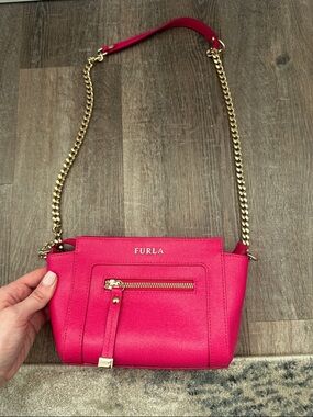 Never used Furla Bright Pink Leather Crossbody with Gold Chain Strap
